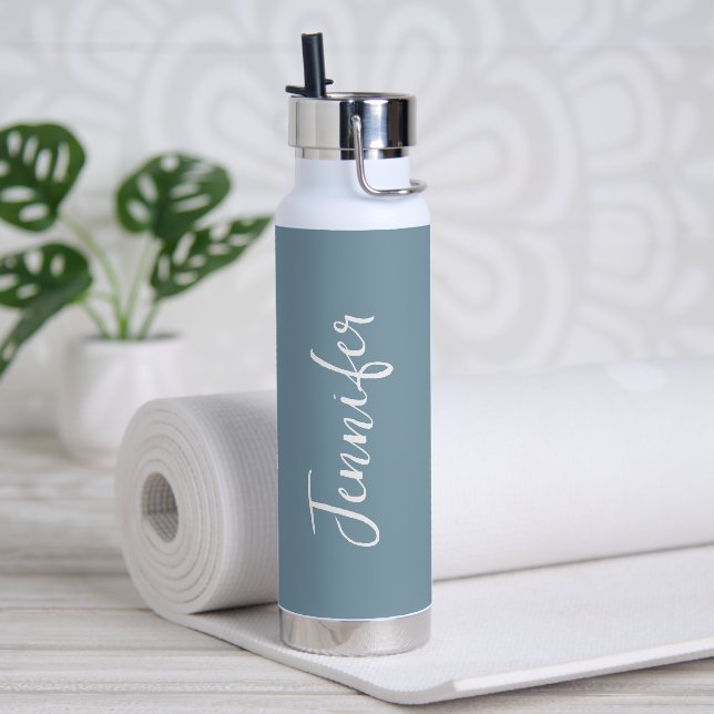 Stylish Dusty Blue White Script Womens Water Bottle (Yoga)