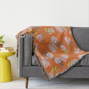 Stylish dusty orange pattern watercolor flora throw blanket