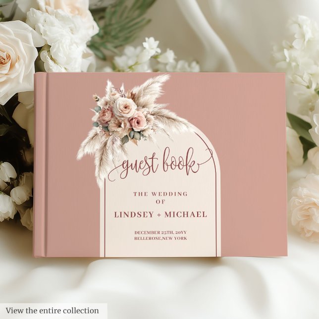 Stylish Dusty Pink Rose Pampas Arch Floral Wedding Guest Book (Stylish Dusty Pink Rose Pampas Arch Floral Wedding Guest Book)