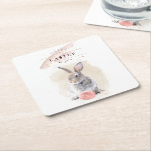 Stylish Easter Bunny Happy Easter Watercolor Art Square Paper Coaster