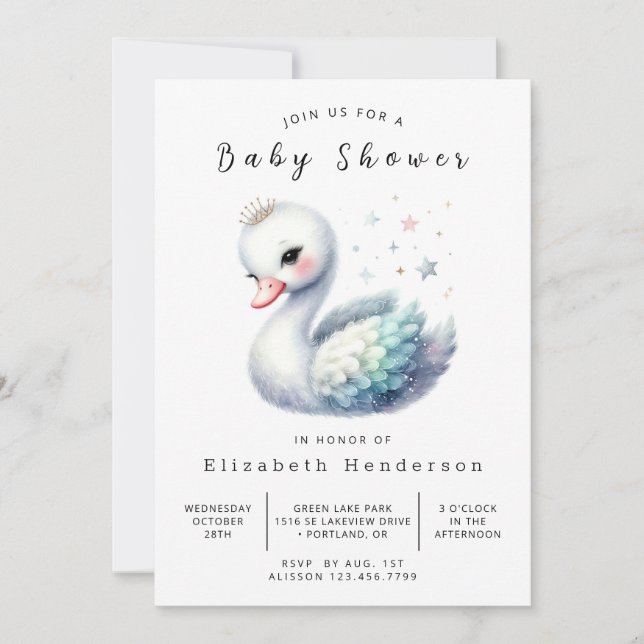 Stylish Editable Swan Baby Shower Invitation (Front)