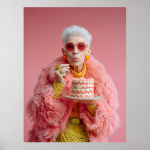 Stylish Elderly Woman Eating Cake in Pink Fashion  Poster