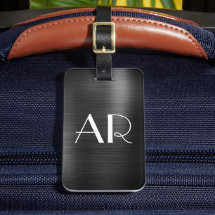 Stylish Elegant 2 Monogram Initial Black Metal Luggage Tag