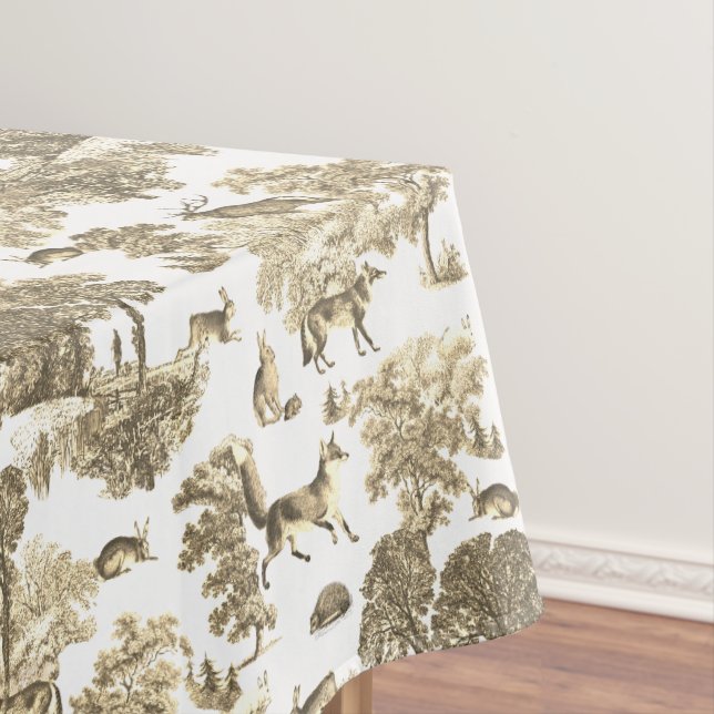 Stylish Elegant Beige French Toile Fox Rabbit Tablecloth (In Situ)