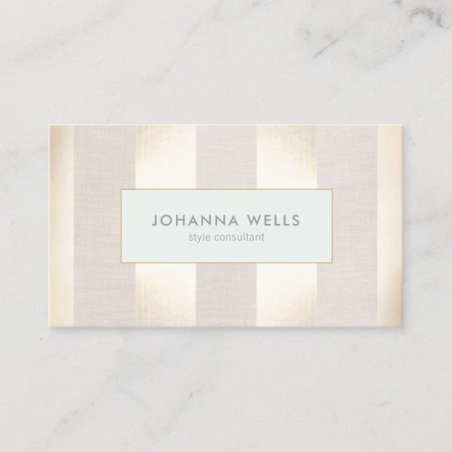 Stylish Elegant Beige Linen and Gold Striped Business Card (Front)