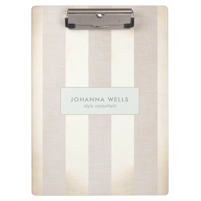 Stylish Elegant Beige Linen and Gold Striped Clipboard (Front)