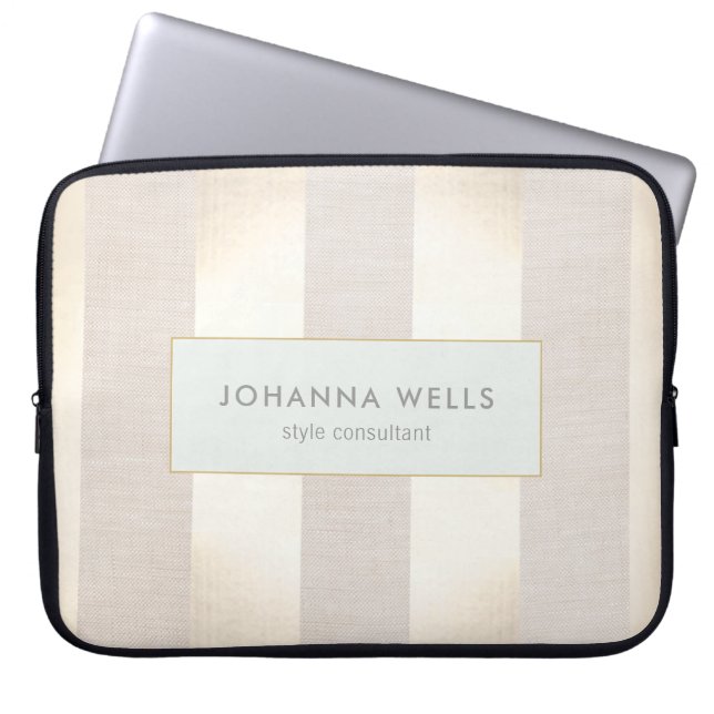 Stylish Elegant Beige Linen and Gold Striped Laptop Sleeve (Front)