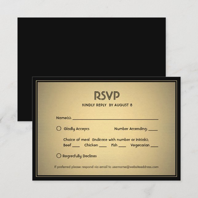 Stylish Elegant Black and Gold with Meal Options RSVP Card (Front/Back)