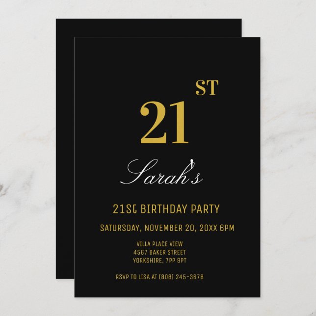 Stylish Elegant Black & Gold 21st Birthday Party  Invitation (Front/Back)