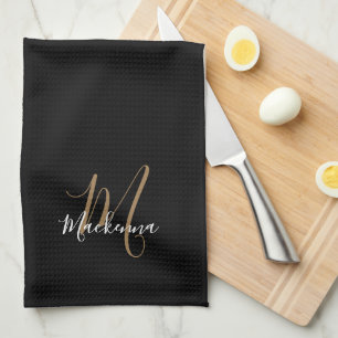 Stylish Elegant Black Gold Script Name Monogram Tea Towel