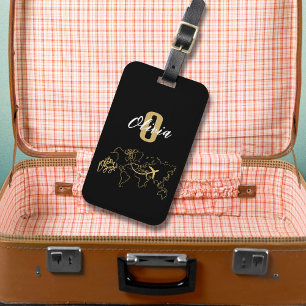 Stylish Elegant Black Gold World Map & Airplane Luggage Tag