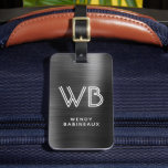 Stylish Elegant Black Metal Two Monogram Initial  Luggage Tag<br><div class="desc">Elegant Chic Stylish Two Monogram Initial Name Black Metal Custom Personalised Luggage Bag Tag. This design featuring full name typography with 2 monogram initial (in double line typeface font style), address info on faux black metallic foil background. These are easy to customise it. Stylish feminine or masculine gift for wedding,...</div>