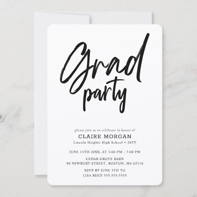 Stylish Elegant Black Script Grad Party Invitation (Front)