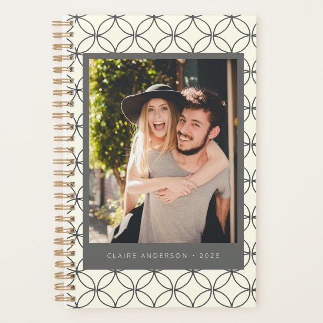 Stylish Elegant Black White Line Art Custom Photo  Planner (Front)