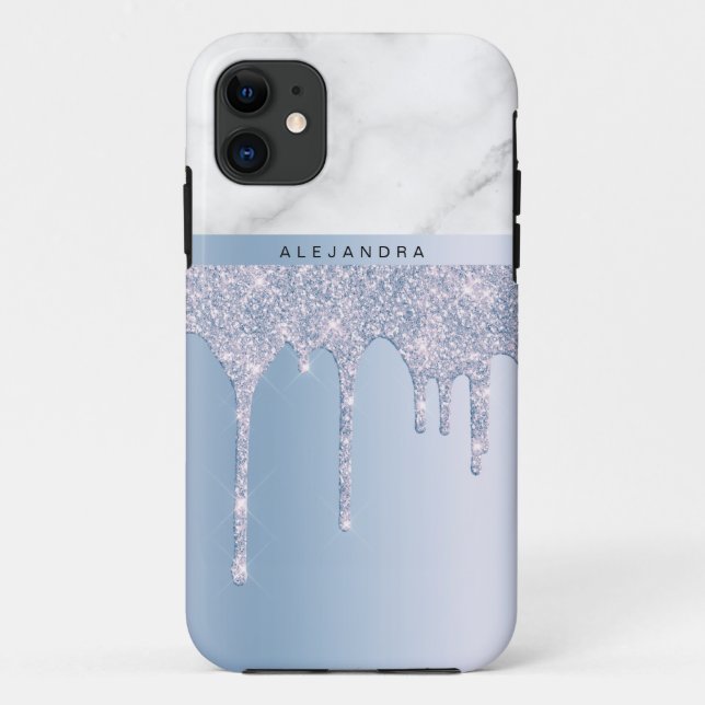 Stylish elegant blue glitter drips white marble Case-Mate iPhone case (Back)
