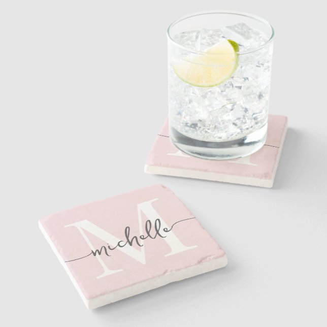 Stylish Elegant Blush Pink Monogram Name Script Stone Coaster (Side)
