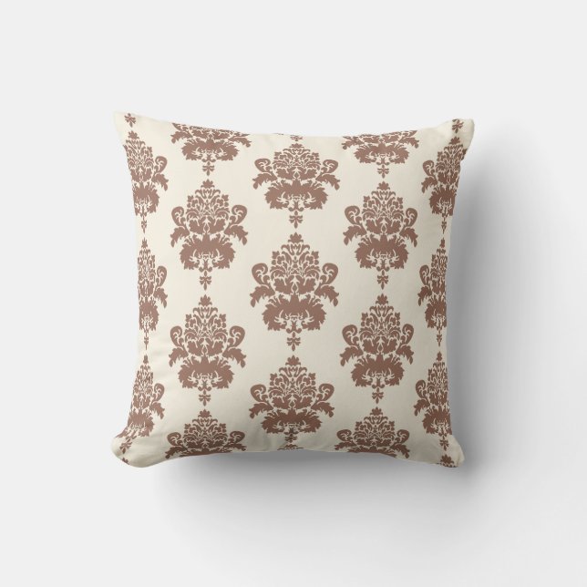 Stylish Elegant Brown White Damask Pattern Cushion (Front)