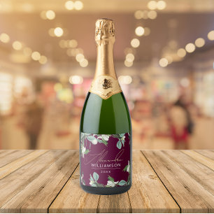 Stylish Elegant Burgundy And Sage Floral Party Sparkling Wine Label