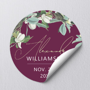Stylish Elegant Burgundy White And Green Floral  Classic Round Sticker