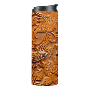 Stylish Elegant Camel Brown Faux Embossed Leather Thermal Tumbler