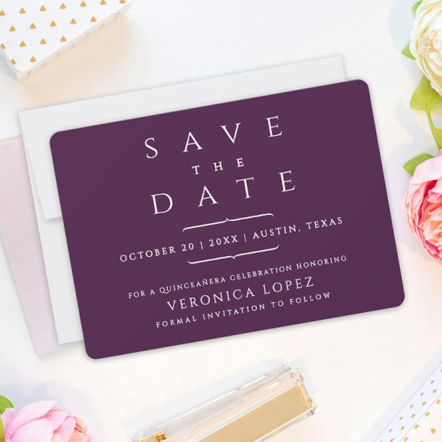 Stylish Elegant Classic Dark Purple Quinceañera Save The Date (Creator Uploaded)