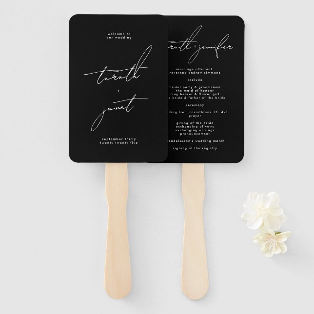 Stylish Elegant Custom Names Ceremony Program Hand Fan (Front and Back)