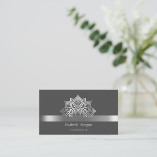 Stylish Elegant Lotus Silver Stripe Grey Business Card
