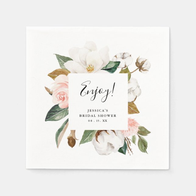 Stylish Elegant Magnolia Floral Bridal Shower Napkin (Front)