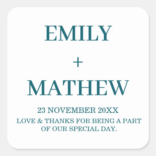 STYLISH ELEGANT MODERN CUSTOM NAME WEDDING WHITE SQUARE STICKER (Front)