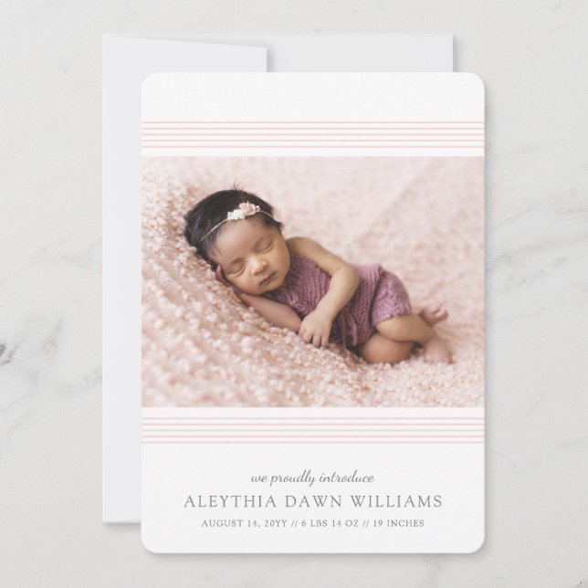 Stylish Elegant Modern Lines | 2 Photo Blush Birth Announcement (Front)