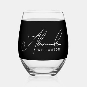 Stylish Elegant Name Black And White Calligraphy Stemless Wine Glass