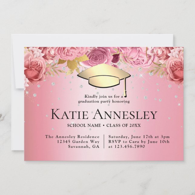 Stylish Elegant Pink Floral Graduation Invitation (Front)