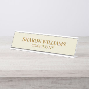 Stylish Elegant Professional Beige Gold Minimal Desk Name Plate