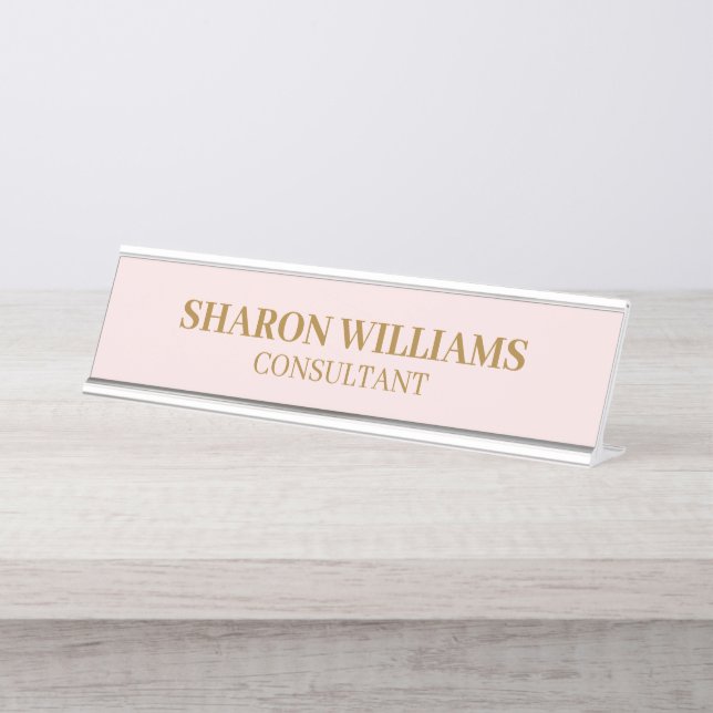 Stylish Elegant Professional Blush Pink Minimal Desk Name Plate (Front)