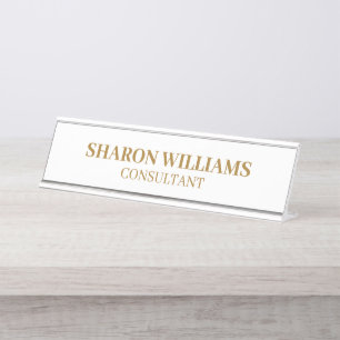 Stylish Elegant Professional White Gold Minimal Desk Name Plate