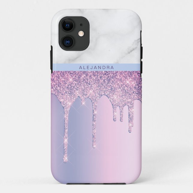 Stylish elegant purple glitter drips white marble Case-Mate iPhone case (Back)