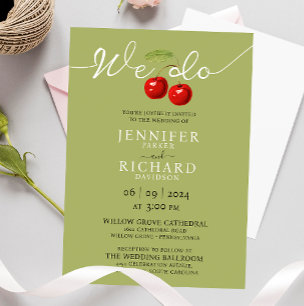Stylish Elegant Sage And Red Cherry Wedding Invitation
