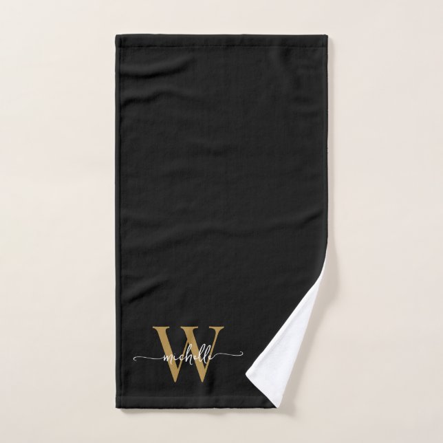 Stylish Elegant Script Black Gold Monogram Name  Hand Towel (Hand Towel)