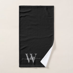Stylish Elegant Script Black Grey Monogram Name Hand Towel