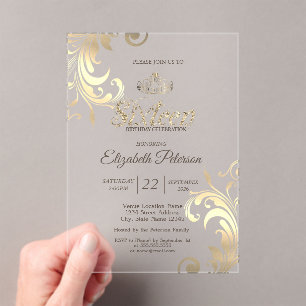 Stylish Elegant Swirls Gold Tiara Sweet 16 Acrylic Invitations
