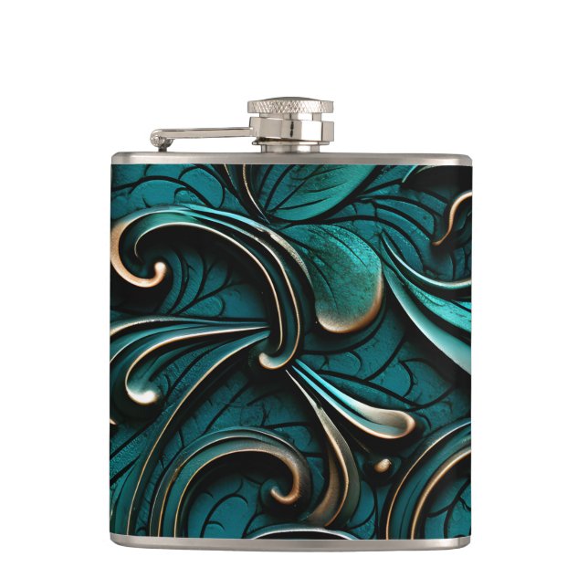 Stylish Elegant Teal Faux Embossed Leather Hip Flask (Front)