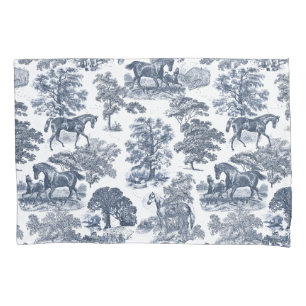 Stylish Elegant Vintage Blue Horses Toile Pillowcase
