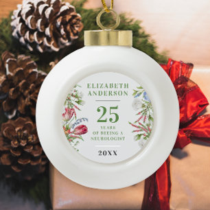 Stylish Elegant Vintage Green Floral Anniversary Ceramic Ball Christmas Ornament