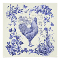 Stylish Elegant Vintage Rooster Blue Floral Toile 