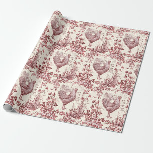 Stylish Elegant Vintage Rooster Red Floral Toile Wrapping Paper