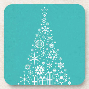 Stylish elegant white and teal Christmas tree Coaster