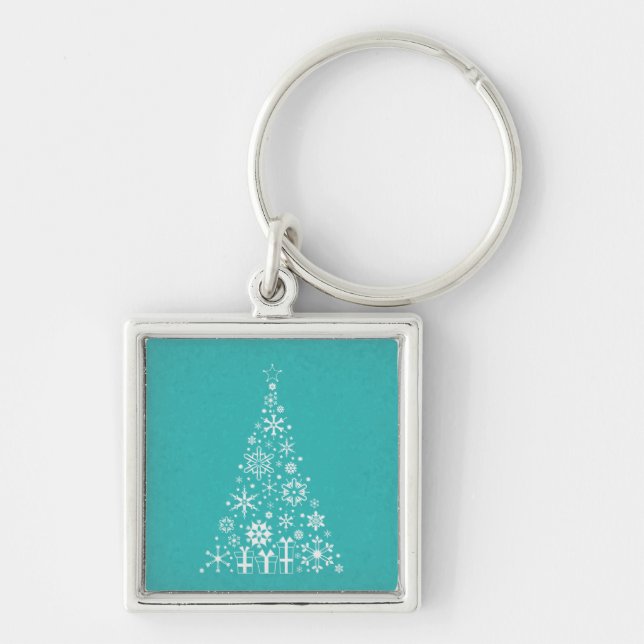 Stylish elegant white and teal Christmas tree Key Ring (Front)