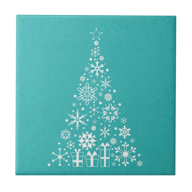 Stylish elegant white and teal Christmas tree Tile (Front)