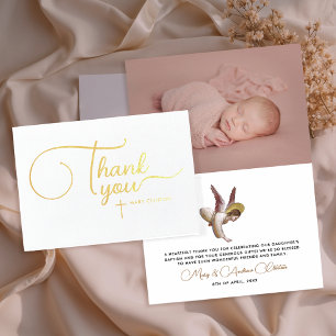 Stylish Elegant White Angel Baby Baptism Thank You Foil Card