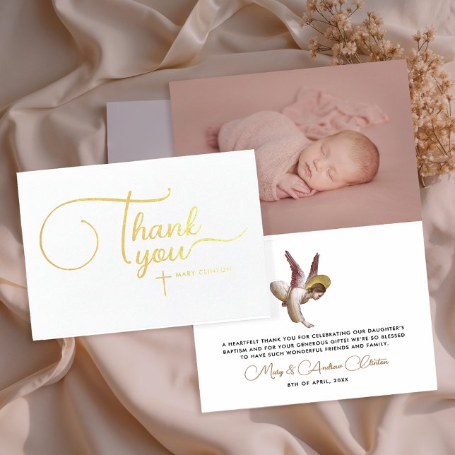 Stylish Elegant White Angel Baby Baptism Thank You Foil Card (Creator Uploaded)